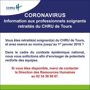 CORONAVIRUS - Information aux professionnels soignants retraités du CHRU de Tours