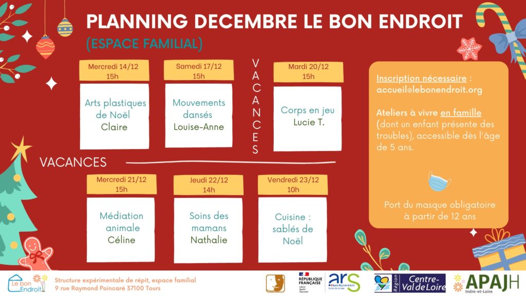 programme des activités proposées par Le Bon Endroit pour le mois de décembre