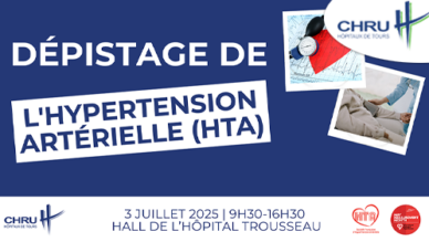 Dans le cadre de la campagne mondiale de dépistage de l’Hypertension Artérielle (HTA), les professionnels du CHRU se mobilisent et organisent un stand de dépistage et d’information pour le grand public, le jeudi 3 juillet, de 10h à 16h dans le hall de l’hôpital Trousseau. En France, près de 13,5 millions d’adultes hypertendus sont non dépistés, non traités ou non contrôlés. Or l’HTA peut avoir des conséquences majeures sur la santé, c’est pourquoi, les professionnels du CHRU organisent un stand le jeudi 3 juillet prochain, accessible au grand public. Tous les détails figurent dans le communiqué joint,
