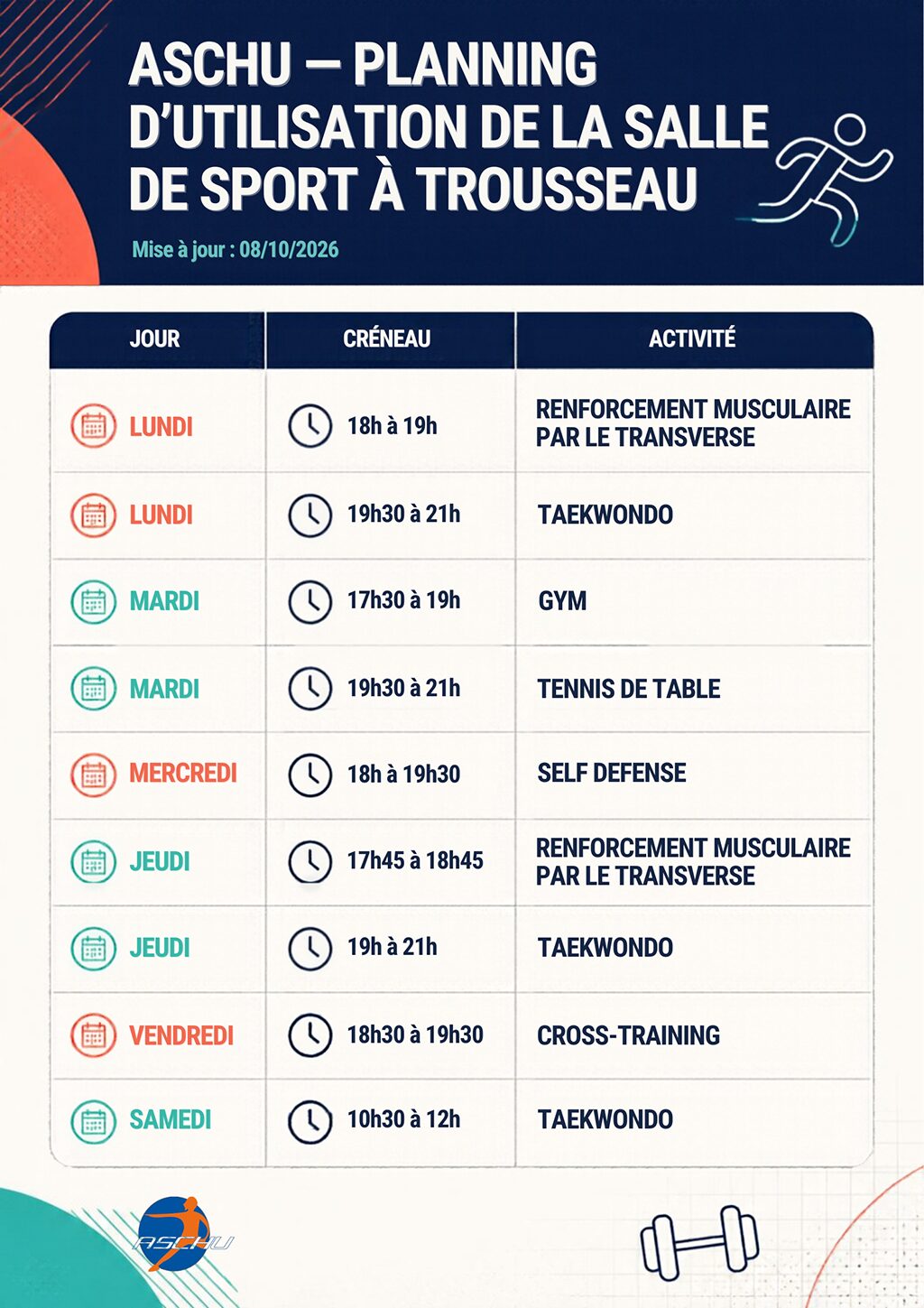 planning d'utilisation de la salle de sport à Trousseau